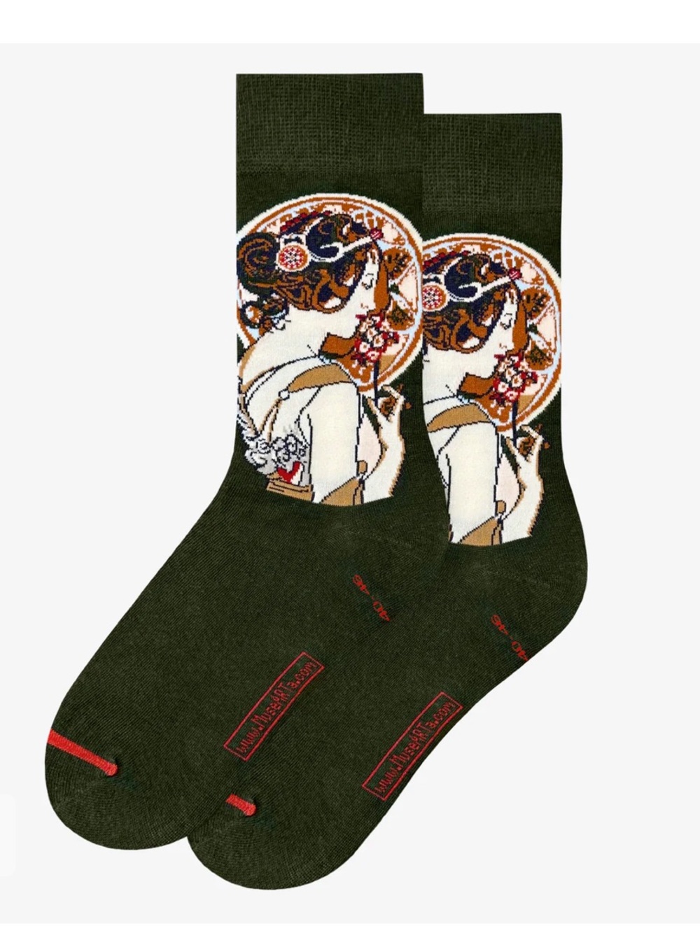 Alphonse Mucha Primrose Art Crew Socks - dark green
